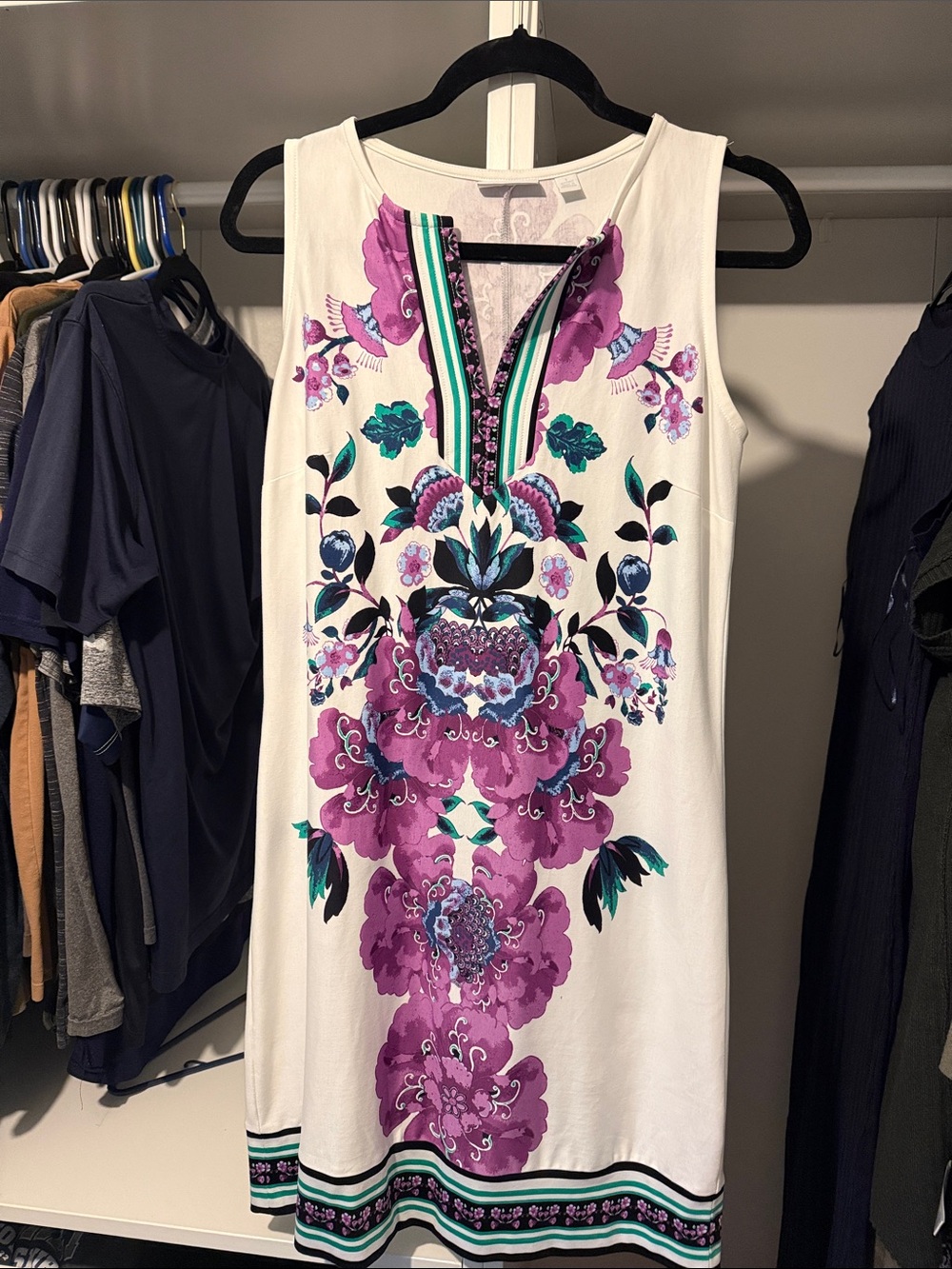 New York & Company White Sleeveless Shift Dress with Purple Floral